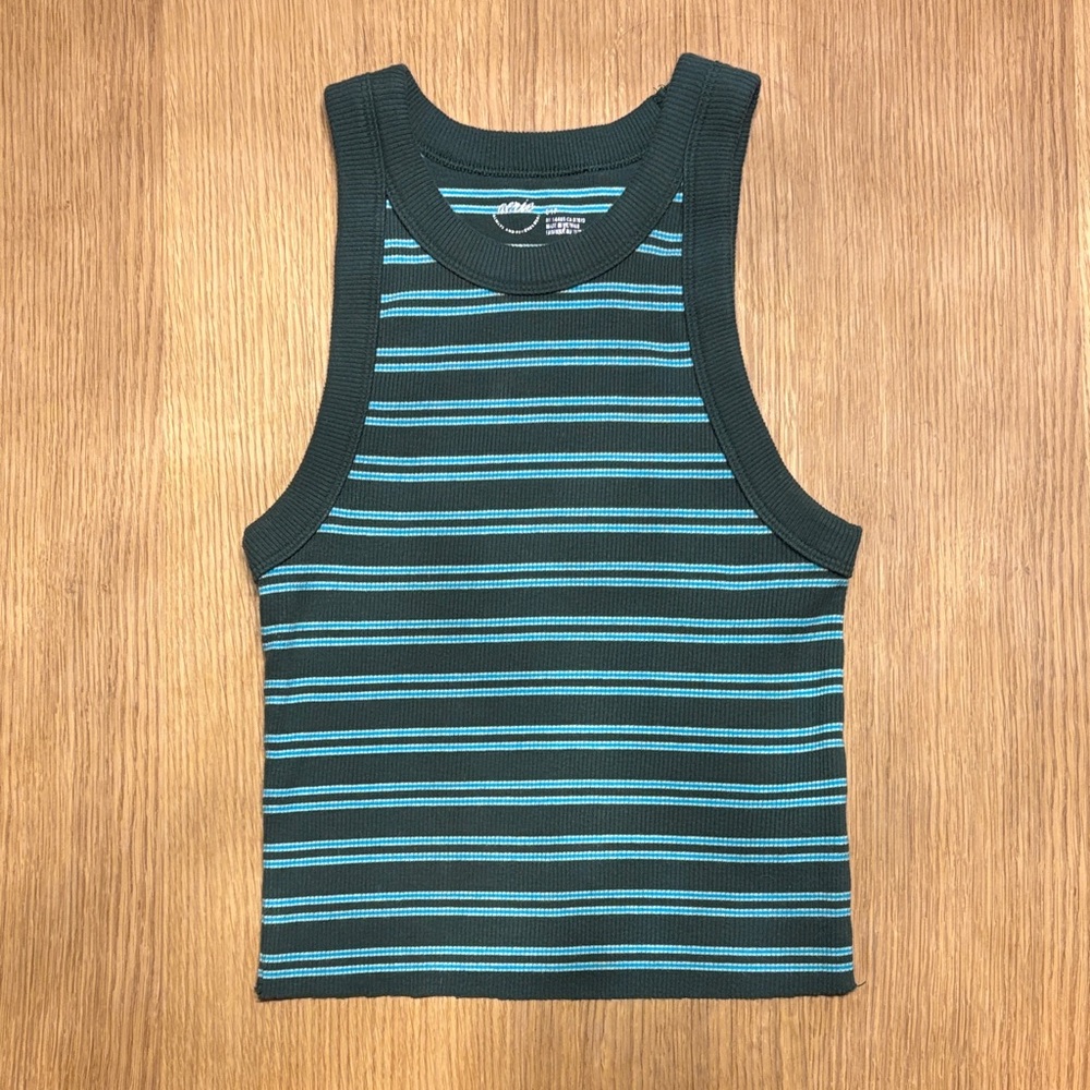 Aerie Striped Forest Green and Turquoise Crop Tank Top